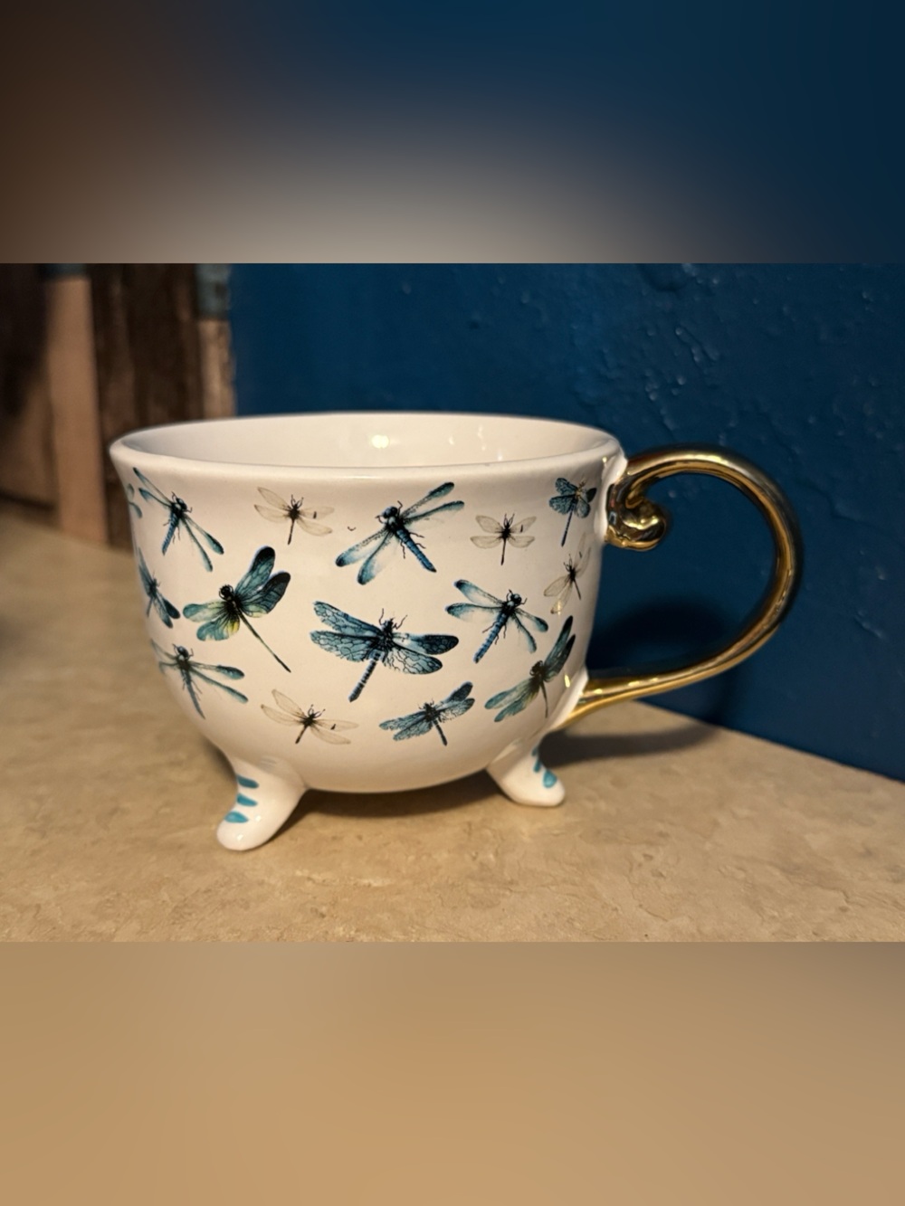 Blue Dragonfly Footed Ceramic Mug with Gold Handle